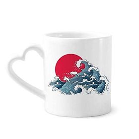 Dıythinker 340 ml Kalp Saplı Japonya Kırmızı Güneş Deniz Suluboya Kahve Seramik Kupa