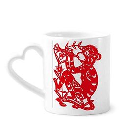 Dıythinker 340 ml Kalp Saplı Kağıt Kesim Zodyak Maymun Çin Çiçekleri Kahve Seramik Kupa