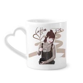 Dıythinker 340 ml Kalp Saplı Kahve Kız Figür Sanat Tasarım İllüstrasyon Kahve Seramik Kupa