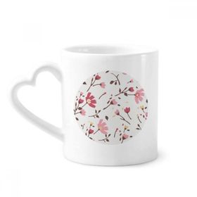 Dıythinker 340 ml Kalp Saplı Kalliopsis Pembe Çiçek Bitki Yaprakları Kahve Seramik Kupa