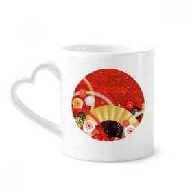 Dıythinker 340 ml Kalp Saplı Katlanır Fan Sakura Geometri Desenli Kahve Seramik Kupa
