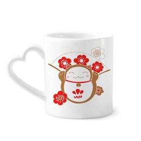 Dıythinker 340 ml Kalp Saplı Kiraz Çiçekleri Şanslı Şans Kedi Japon Kahve Seramik Kupa
