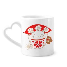 Dıythinker 340 ml Kalp Saplı Kiraz Çiçekleri Şanslı Şans Kedi Japon Kahve Seramik Kupa