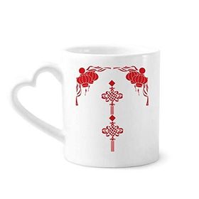 Dıythinker 340 ml Kalp Saplı Kırmızı Fener Çin Düğüm Desenli Kahve Seramik Kupa