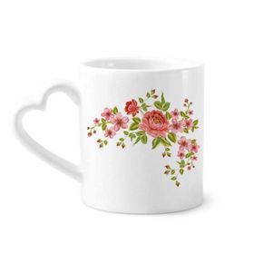 Dıythinker 340 ml Kalp Saplı Kırmızı Güller Desenli Çiçekler Bitkiler Kahve Seramik Kupa