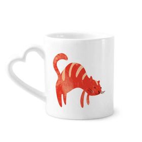Dıythinker 340 ml Kalp Saplı Kırmızı Gülümseyen Şişman Kedi Hayvan Suluboya Kahve Seramik Kupa