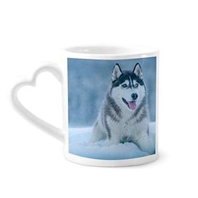 Dıythinker 340 ml Kalp Saplı Köpek Hayvan Kar Husky Resim Kahve Seramik Kupa