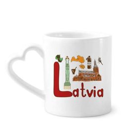 Dıythinker 340 ml Kalp Saplı Letonya Ulusal Simge Simgesi Desenli Kahve Seramik Kupa
