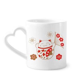 Dıythinker 340 ml Kalp Saplı Lucky Fortune Kedi Çiçek Yelpazesi Japon Kahve Seramik Kupa