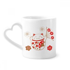 Dıythinker 340 ml Kalp Saplı Lucky Fortune Kedi Çiçek Yelpazesi Japon Kahve Seramik Kupa