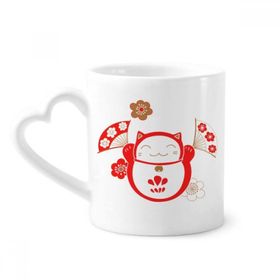 Dıythinker 340 ml Kalp Saplı Lucky Fortune Kedi Çiçek Yelpazesi Japon Kahve Seramik Kupa