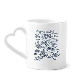 Dıythinker 340 ml Kalp Saplı Mavi Ahtapot Deniz Yaşamı Desenli Kahve Seramik Kupa
