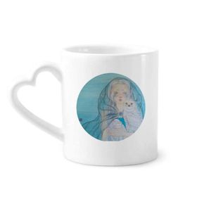 Dıythinker 340 ml Kalp Saplı Mavi Beyaz Baykuş Kız Çin Stili Suluboya Kahve Seramik Kupa