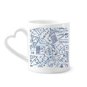 Dıythinker 340 ml Kalp Saplı Mavi El Boyaması Matematik Cetveli Hesap Makinesi İllüstrasyon Kahve Seramik Kupa