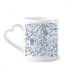 Dıythinker 340 ml Kalp Saplı Mavi El Boyaması Matematik Cetveli Hesap Makinesi İllüstrasyon Kahve Seramik Kupa