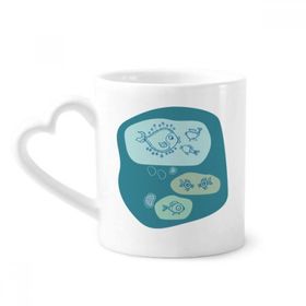Dıythinker 340 ml Kalp Saplı Mavi Kabarcıklar Çizgi Çizim Soyut Balıklar Kahve Seramik Kupa