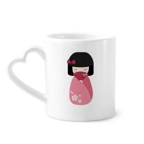 Dıythinker 340 ml Kalp Saplı Pembe Kimono Fan Sakura Japon Kahve Kupaları Seramik Kupa