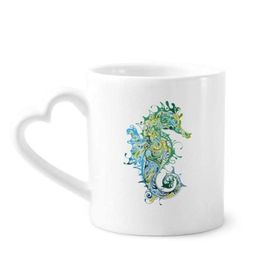 Dıythinker 340 ml Kalp Saplı Renkli Hippocampus Deniz Yaşamı Desenli Kahve Kupaları Seramik Kupa