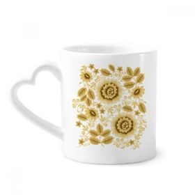 Dıythinker 340 ml Kalp Saplı Sarı Altın Klasik Çiçek Desenli Çiçekler Kahve Kupaları Seramik Kupa