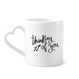 Dıythinker 340 ml Kalp Saplı Thinking Of You Alıntılı Kahve Kupaları Seramik Kupa