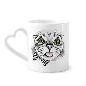Dıythinker 340 ml Kalp Saplı Tougue Bow Beyaz Kedi Koruyucu Hayvan Hayvan Sevgili Kahve Kupaları Seramik Kupa