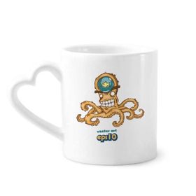 Dıythinker 340 ml Kalp Saplı Turuncu Ahtapot Deniz Yaşamı Desenli Kahve Kupaları Seramik Kupa
