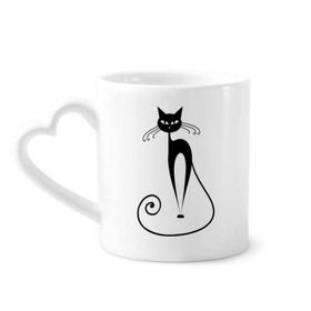 Dıythinker 340 ml Kalp Saplı Uzun Kuyruklu Siyah Kedi Hayvan Silüeti Kahve Kupaları Seramik Kupa