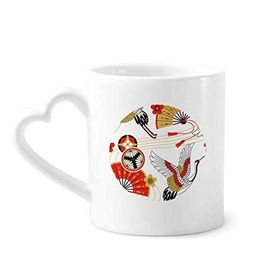 Dıythinker 340 ml Kalp Saplı Vinç Katlanır Fan Sakura Desenli Kahve Kupaları Seramik Kupa
