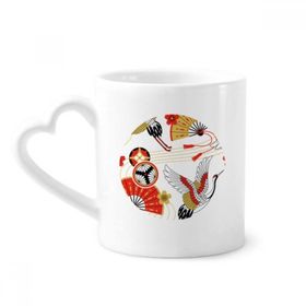 Dıythinker 340 ml Kalp Saplı Vinç Katlanır Fan Sakura Desenli Kahve Kupaları Seramik Kupa