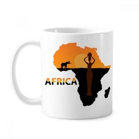 Dıythinker 350 ml Afrika Haritası Savanna Fil Yaban Hayatı Siyah Kadın Klasik Beyaz Çömlek Seramik Saplı Kupa