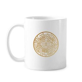 Dıythinker 350 ml Altın Yuvarlak Çin Şanslı Desen Klasik Beyaz Çömlekçilik Seramik Saplı Kupa