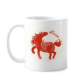 Dıythinker 350 ml At Yılı Hayvan Çin Zodyak Kırmızı Klasik Beyaz Çömlekçilik Seramik Saplı Kupa