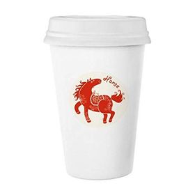 Dıythinker 350 ml At Yılı Hayvan Çin Zodyak Kırmızı Klasik Kupa Beyaz Çömlekçilik Seramik Kupa