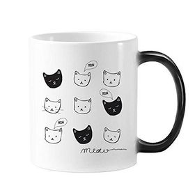 Dıythinker 350 ml Beyaz Kedi Siyah Kedi Kafası Miyav Basit Çizgi Çizim Değişen Renk Kupa