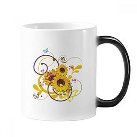 Dıythinker 350 ml Bitki Çiçek Ayçiçeği İllüstrasyon Renk Değiştiren Değiştiren Isıya Duyarlı Saplı Kupa