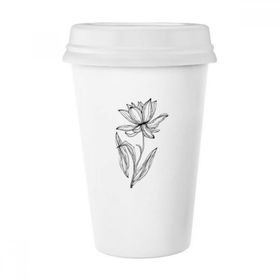 Dıythinker 350 ml Black Line Lotus Çiçeği Bitki Çiçek Klasik Kupa Beyaz Çömlekçilik Seramik Kupa