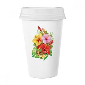 Dıythinker 350 ml Buket Çiçekler Kelebek En İyi Dilek Bitki Boyama Klasik Beyaz Çömlek Seramik Kupa