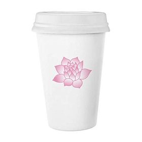 Dıythinker 350 ml Çiçek Bitki Lotus Çiçeği Pembe Desenli Klasik Beyaz Çömlekçilik Seramik Kapaklı Kupa