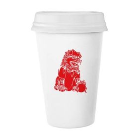 Dıythinker 350 ml Çin Kırmızı Aslan Kağıt Kesim Vatanseverlik Klasik Beyaz Çömlek Seramik Kapaklı Kupa
