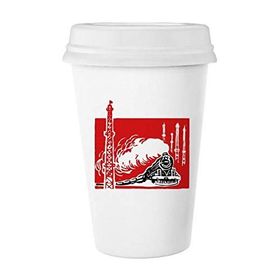 Dıythinker 350 ml Çin Tren Kulesi Buharlı Kırmızı Klasik Beyaz Çömlek Seramik Kapaklı Kupa