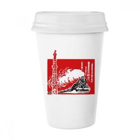 Dıythinker 350 ml Çin Tren Kulesi Buharlı Kırmızı Klasik Beyaz Çömlek Seramik Kapaklı Kupa