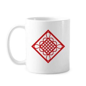 Dıythinker 350 ml Elmas Kırmızı Çin Düğümü Kağıt Kesim Klasik Beyaz Çömlekçilik Seramik Saplı Kupa