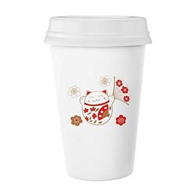 Dıythinker 350 ml Fat Lucky Fortune Kedi Çiçek Fan Japon Kültürü Klasik Beyaz Çömlek Seramik Kupa