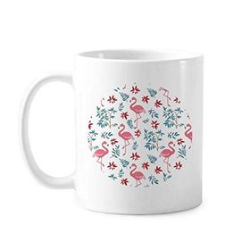 Dıythinker 350 ml Flamingo Desenli Tropik Bitkiler Klasik Kupa Beyaz Çömlekçilik Seramik Kupa