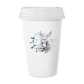 Dıythinker 350 ml Globe Big Ben Eyfel Kulesi Suluboya Resim Klasik Beyaz Çömlek Seramik Kupa