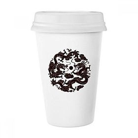 Dıythinker 350 ml İki Çin Ejderhası Hayvan İnci Daire Klasik Beyaz Çömlek Seramik Kupa