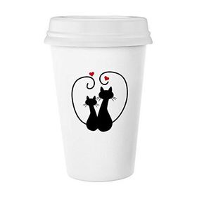 Dıythinker 350 ml İki Kedi Figürü Kalp Şekilli Sihouette Protect Animal Pet Lover Klasik Beyaz Çömlek Seramik Kupa