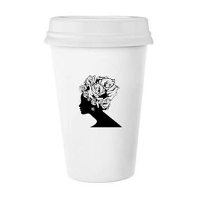 Dıythinker 350 ml Kadın Gül Siyah Beyaz Çiçek Bitki Klasik Kupa