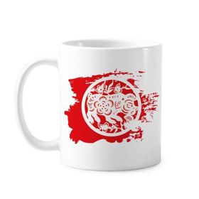 Dıythinker 350 ml Kağıt Kesimli Domuz Hayvanı Çin Zodyak Sanatı Boya Fırçası Kupa Beyaz Seramik Kupa