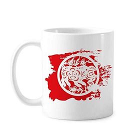 Dıythinker 350 ml Kağıt Kesimli Domuz Hayvanı Çin Zodyak Sanatı Boya Fırçası Kupa Beyaz Seramik Kupa